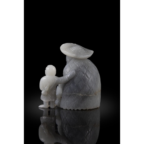 104 - A BLACK AND WHITE FISHERMAN AND SON JADE GROUP   ?? ?????????  China, late Qing dynasty   H. 7.5cm