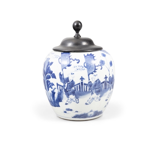 113 - A BLUE AND WHITE QILIN DELIVERING SONS JAR WITH A WOODEN COVER  ??? ?????????  China, Kangxi perio... 