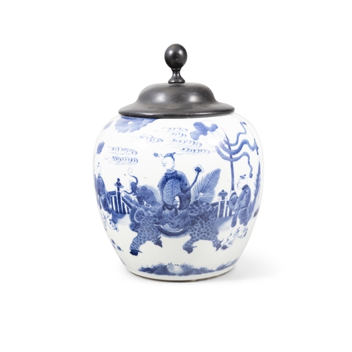 113 - A BLUE AND WHITE QILIN DELIVERING SONS JAR WITH A WOODEN COVER  ??? ?????????  China, Kangxi perio... 