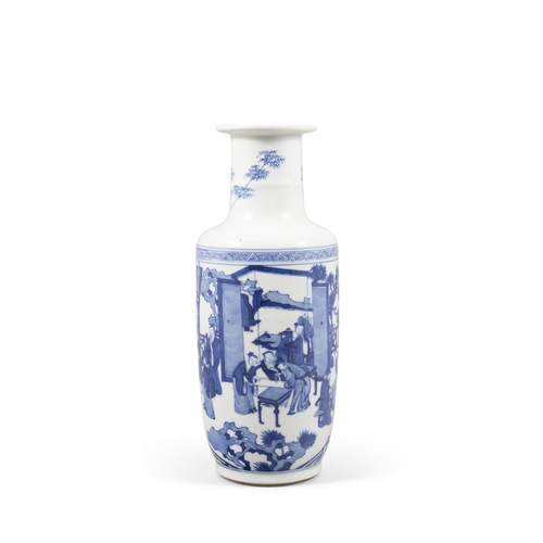 116 - A BLUE AND WHITE ROULEAU VASE WITH FOUR ARTS DECORATION, MARKED KANGXI  20?? ??? ???????  China, 2... 