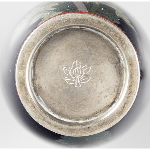 138 - A PAIR OF JAPANESE CLOISONNÉ ENAMEL BALUSTER VASES WITH PURPLE PEONY  H: 14.5cm  Japan, Meiji peri... 