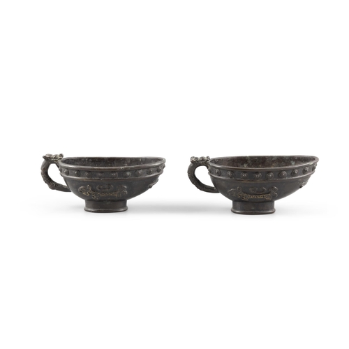 139 - A PAIR OF ARCHAISTIC BRONZE CUPS WITH DRAGON HANDLES  ?? ?????????  China, Qing dynasty  L: 14.5cm; ... 