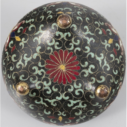 146 - A GILT BRONZE ENAMEL CLOISONNE BLACK GROUND LOTUS INCENSE BURNER WITH A WOODEN STAND  ?? ?????????... 