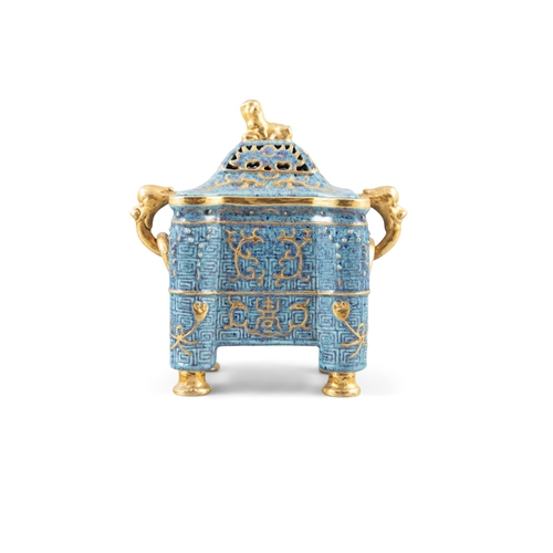 148 - A GROUP OF PORCELAINS WITH A GILT AND LUJUN GLAZED BRONZE IMITATION COVERED INCENSE BURNER AND FOUR ... 