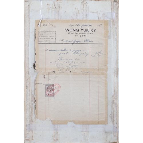 174 - A QIANJIANGCAI PINE AND BIRD PORCELAIN PANEL WITH AN INVOICE FROM WONG YUK KY ANTIQUE SHOP IN SAIG... 