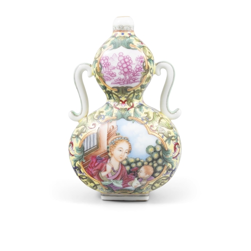 48 - A FALANGCAI STYLE PAINTED EUROPEAN FIGURES GOURD VASE, QIANLONG MARK  ?? ??????????  China, Republ... 