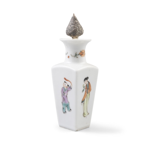 52 - A GROUP OF THREE PORCELAINS, CONSISTING OF A TEAPOT AND CUP IN A WOVEN BOX; A SILVER MOUNTED OIL AND... 