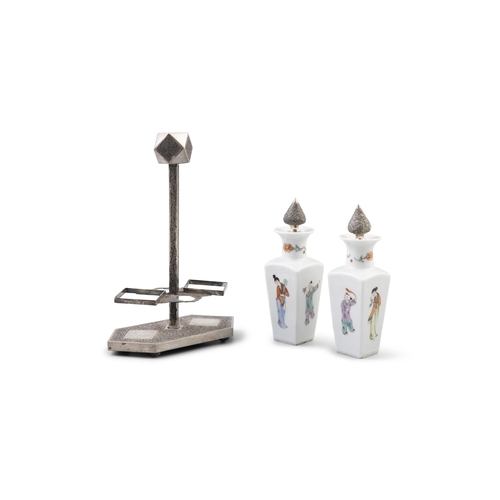 52 - A GROUP OF THREE PORCELAINS, CONSISTING OF A TEAPOT AND CUP IN A WOVEN BOX; A SILVER MOUNTED OIL AND... 