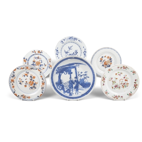 67 - TWO BLUE AND WHITE, THREE CHINESE IMARI AND ONE FAMILLE ROSE DISHES WITH FLOWERS AND FIGURES  ??18-2... 