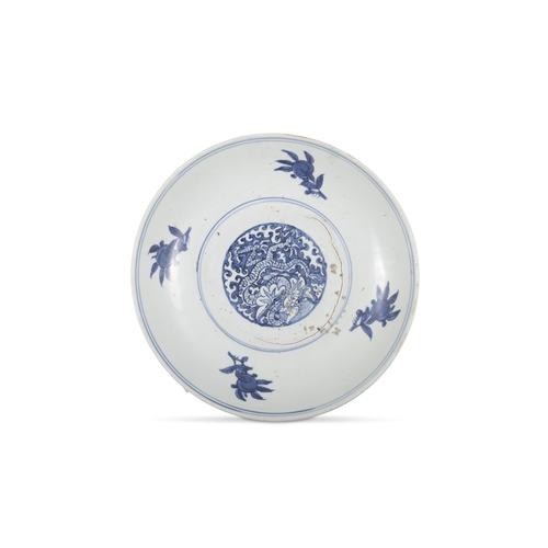 77 - TWO BLUE AND WHITE CHARGERS, ONE FLOWER-SHAPED DECORATED WITH FLOWERS AND LANDSCAPE, MARKED WITH A F... 