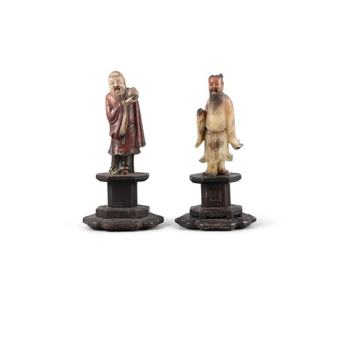 97 - TWO PAINTED SOAPSTONE FIGURES OF THE DAOIST IMMORTAL 'SHOUXING' AND 'ZHONG HANLI' ON HIGH STANDS  ??... 