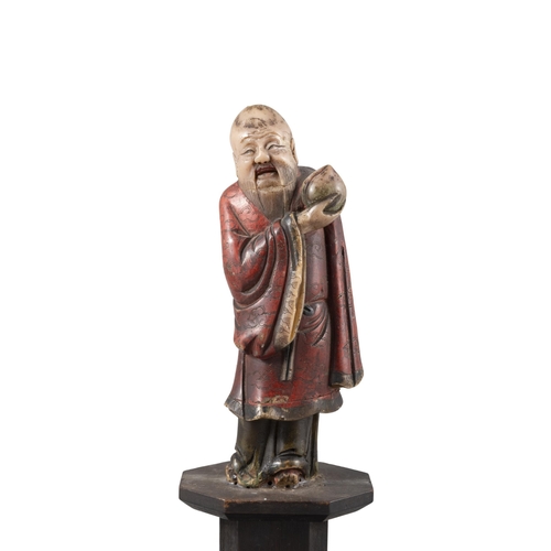 97 - TWO PAINTED SOAPSTONE FIGURES OF THE DAOIST IMMORTAL 'SHOUXING' AND 'ZHONG HANLI' ON HIGH STANDS  ??... 