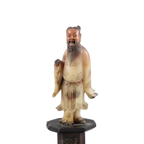 97 - TWO PAINTED SOAPSTONE FIGURES OF THE DAOIST IMMORTAL 'SHOUXING' AND 'ZHONG HANLI' ON HIGH STANDS  ??... 