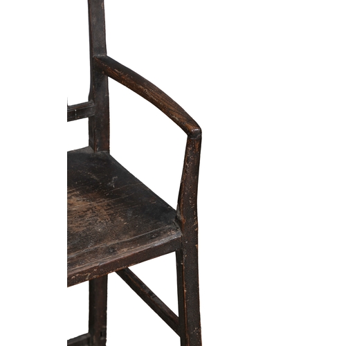 101 - A 19TH CENTURY PAINTED PINE CHILDS HIGH CHAIR  with stick back and bowed armrest on canted square su... 