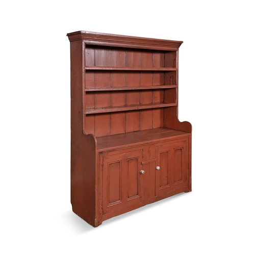 102 - A 19TH CENTURY PAINTED PINE DRESSER,  the moulded cornice above three open shelves and plain slatted... 