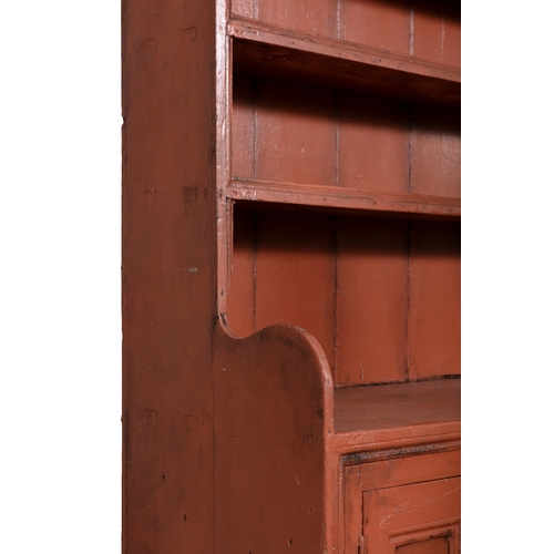 102 - A 19TH CENTURY PAINTED PINE DRESSER,  the moulded cornice above three open shelves and plain slatted... 