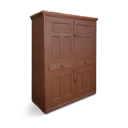 103 - A 19TH CENTURY PAINTED PINE HOUSEKEEPERS CUPBOARD, CO. ANTRIM  moulded top above twin three panel do... 