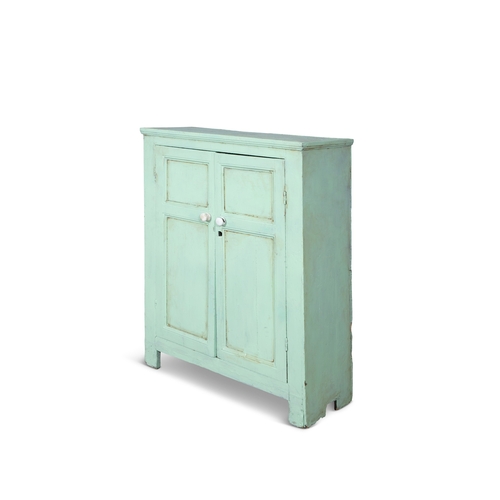 105 - A 19TH CENTURY PAINTED PINE LOW CABINET,  the moulded top above two twin fielded panelled doors with... 