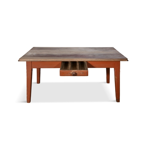 106 - A PAINTED PINE KITCHEN TABLE WITH SYCAMORE TOP,  plain two panel top with moulded edge above a shape... 