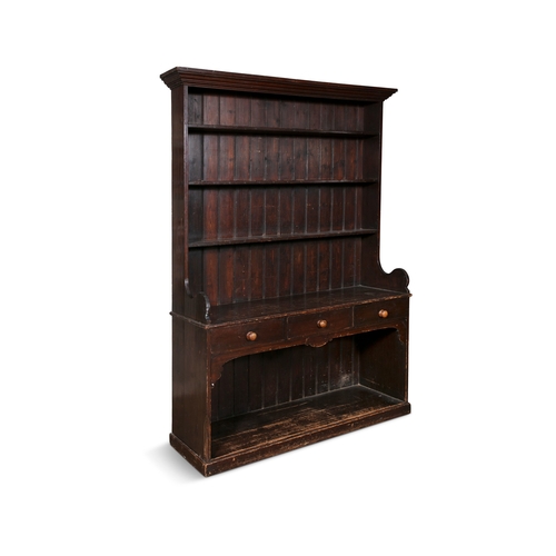 107 - A 19TH CENTURY PAINTED PINE DRESSER,  moulded cornice above three open shelves with slatted panel ba... 