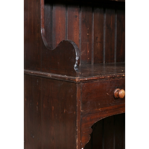 107 - A 19TH CENTURY PAINTED PINE DRESSER,  moulded cornice above three open shelves with slatted panel ba... 