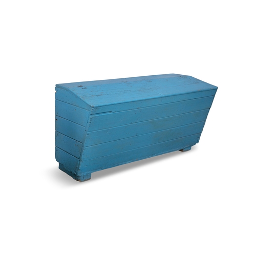 108 - A 19TH CENTURY BLUE PAINTED PINE MEAL BIN,  the twin hinged slope front above graduated slated sides... 