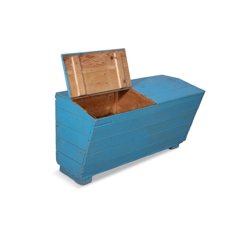 108 - A 19TH CENTURY BLUE PAINTED PINE MEAL BIN,  the twin hinged slope front above graduated slated sides... 