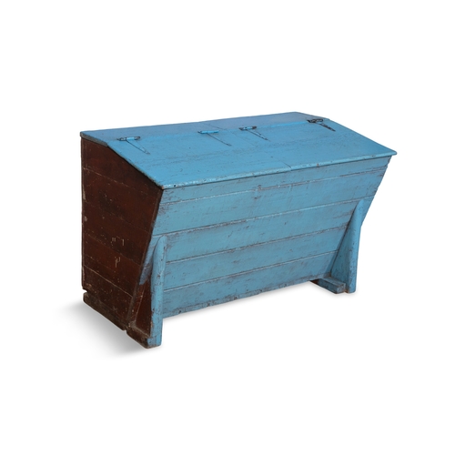 112 - A 19TH CENTURY BLUE PAINTED PINE MEAL BIN,  the hinged slope front above tapering slated sides on bl... 