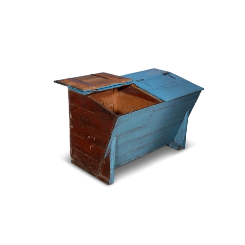 112 - A 19TH CENTURY BLUE PAINTED PINE MEAL BIN,  the hinged slope front above tapering slated sides on bl... 