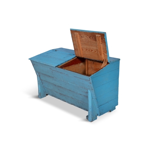 112 - A 19TH CENTURY BLUE PAINTED PINE MEAL BIN,  the hinged slope front above tapering slated sides on bl... 