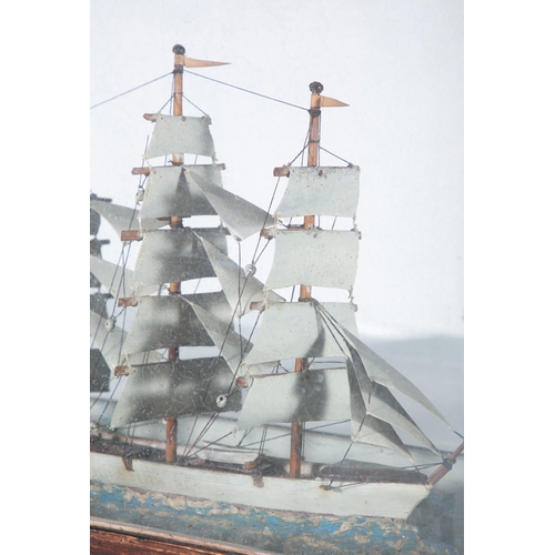 127 - A DIORAMA OF A THREE MASTED SQUARE RIGGED MODEL BARK SHIP  the stained timber case of rectangular fo... 