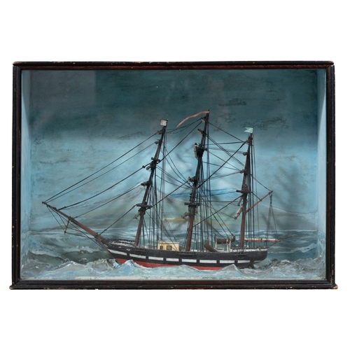 128 - A FOLK ART DIORAMA OF THREE-MASTED BARK MODEL SHIP,  painted timber, contained in a framed display c... 