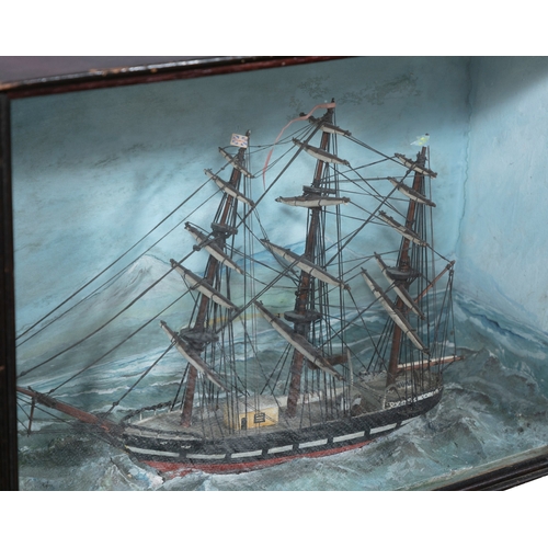 128 - A FOLK ART DIORAMA OF THREE-MASTED BARK MODEL SHIP,  painted timber, contained in a framed display c... 