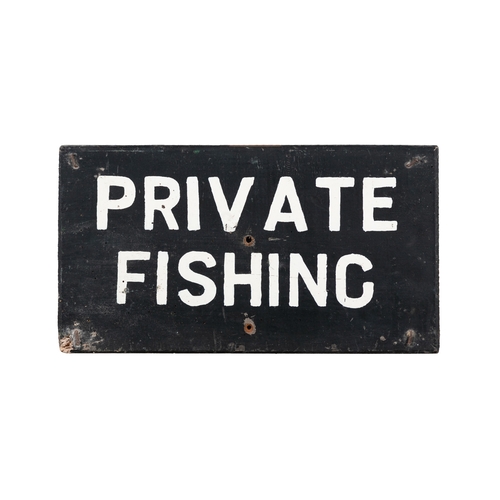 134 - TWO GREEN AND WHITE PAINTED TIMBER ESTATE SIGN   'PRIVATE FISHING; PRIVATE NO. FISHING'. 22 x 46cm a... 