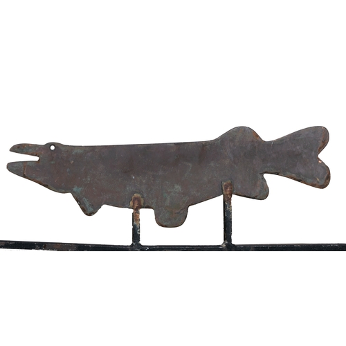 14 - A WROUGHT IRON WIND VANE  with wrought iron arrow and copper flat pike fish, 114cm wide