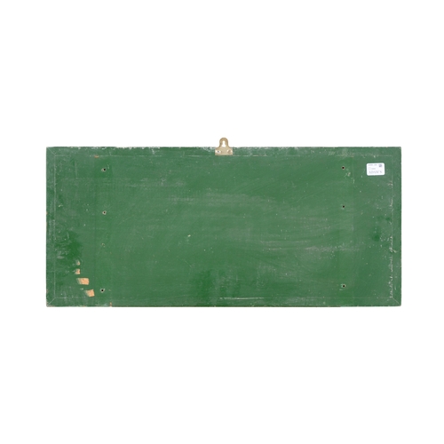 140 - A GREEN AND WHITE PAINTED TIMBER SIGN   'FARM AND GARDEN, OFFICES'. 34 X 76cm