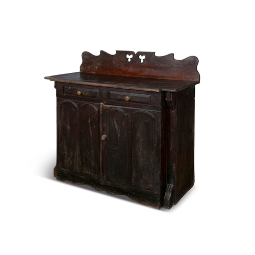 147 - A 19TH STAINED PINE CUPBOARD,  the carved and pierced gallery back on a shaped rectangular top, the ... 