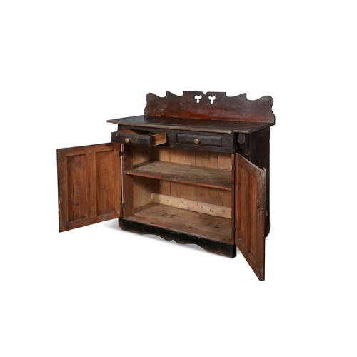 147 - A 19TH STAINED PINE CUPBOARD,  the carved and pierced gallery back on a shaped rectangular top, the ... 