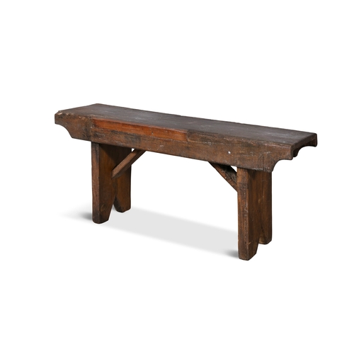 149 - A LONG RECTANGULAR PAINTED PINE LOW STOOL  with plain side supports. 41cm high, 101cm wide