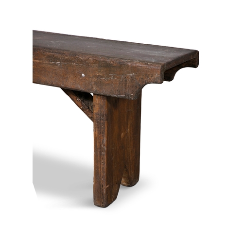 149 - A LONG RECTANGULAR PAINTED PINE LOW STOOL  with plain side supports. 41cm high, 101cm wide