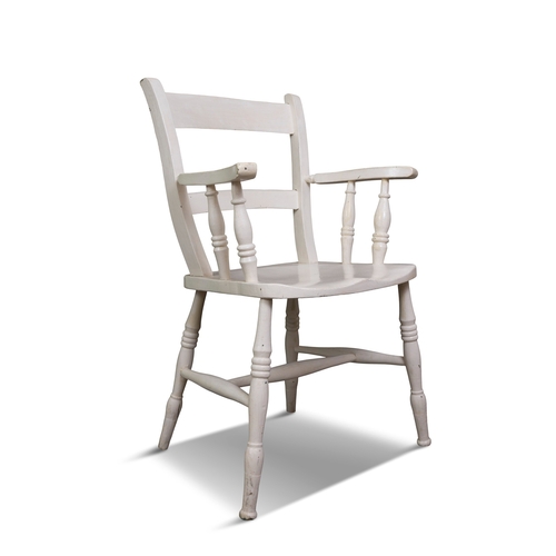 151 - A WHITE PAINTED PINE CURVED RAILBACK CHAIR  with scroll armrests, dished saddle seat on splayed turn... 