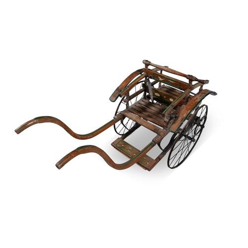 155 - A CHILD'S PONY TRAP WITH BACK TO BACK SEATS,   the timber frame with painted decoration, with steel ... 