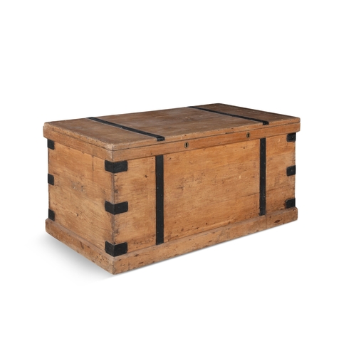 159 - A LARGE STRIPPED PINE, IRON-BOUND, RECTANGULAR CHEST,  with hinged lid, interior compartment, and ra... 