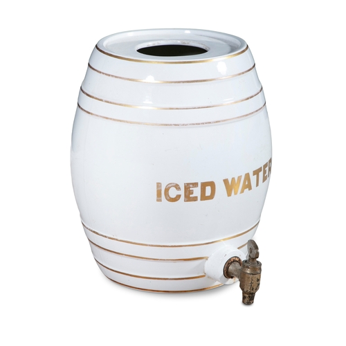 16 - A VICTORIAN GLAZED CHINA BARREL WITH GILT BANDING,  inscribed 'Iced Water' and with brass spigot, la... 