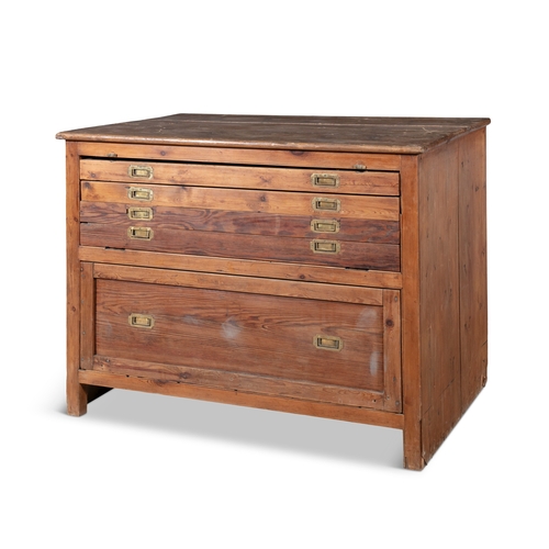 162 - A LARGE RECTANGULAR MAP CHEST,   fitted with four shallow and one deep drawer with inset brass handl... 