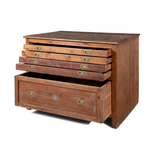 162 - A LARGE RECTANGULAR MAP CHEST,   fitted with four shallow and one deep drawer with inset brass handl... 