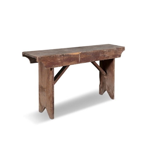 164 - A 19TH CENTURY PINE BENCH,  the plain panel seat, on slated side supports. 112cm wide, 63.5cm high