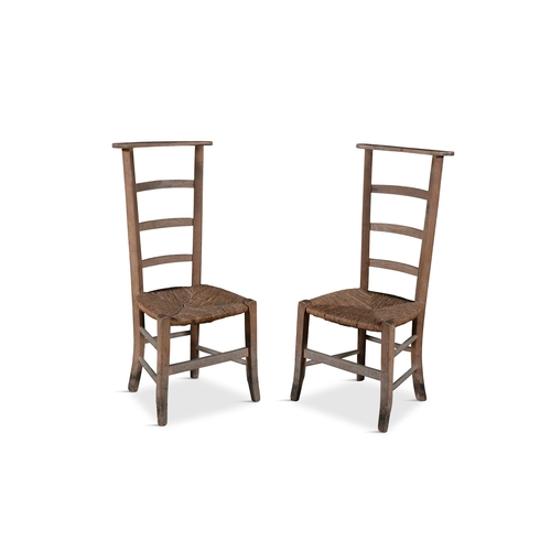 165 - A PAIR OF 19TH CENTURY OLD PINE AND RUSH LADDER BACK LOW CHAIRS, 91cm high