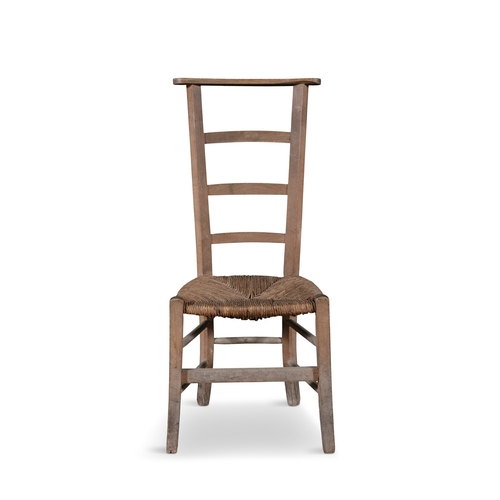 165 - A PAIR OF 19TH CENTURY OLD PINE AND RUSH LADDER BACK LOW CHAIRS, 91cm high