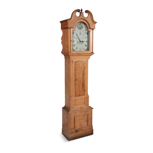 169 - A VICTORIAN STRIPPED PINE LONG CASE CLOCK,   with swan neck pediment, the hood enclosing a painted d... 